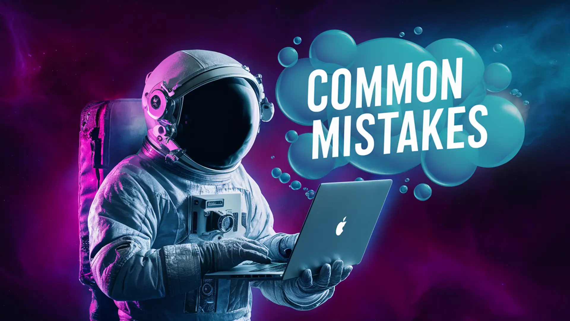 Astronaut in a spacesuit typing on a laptop with floating bubbles and the text ' with Astronaut in a spacesuit typing on a laptop with floating bubbles and the text ' with Negative Keywords' displayed in a vibrant space-themed background.
