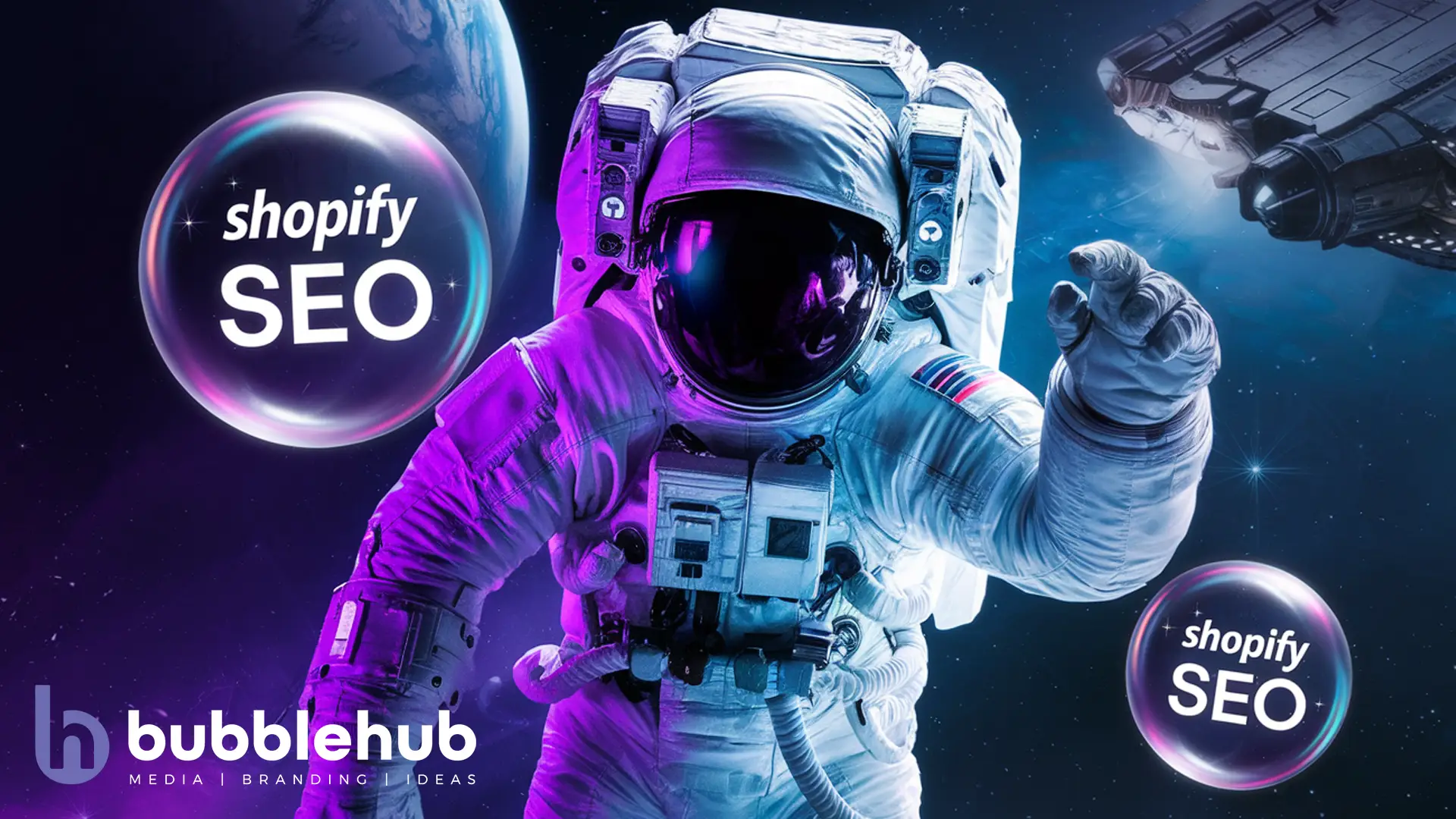 An astronaut with purple and cyan hues with glowing bubbles showing "Shopify An astronaut with purple and cyan hues with glowing bubbles showing "Shopify SEO"