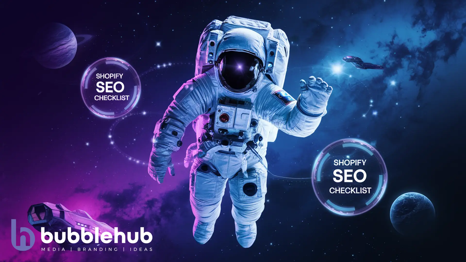An astronaut with purple and cyan hues with glowing bubbles showing "Shopify SEO An astronaut with purple and cyan hues with glowing bubbles showing "Shopify SEO Checklist"