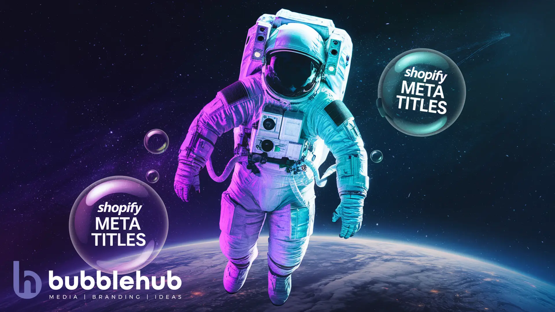 An astronaut with purple and cyan hues with glowing bubbles showing "Shopify Meta An astronaut with purple and cyan hues with glowing bubbles showing "Shopify Meta Titles "