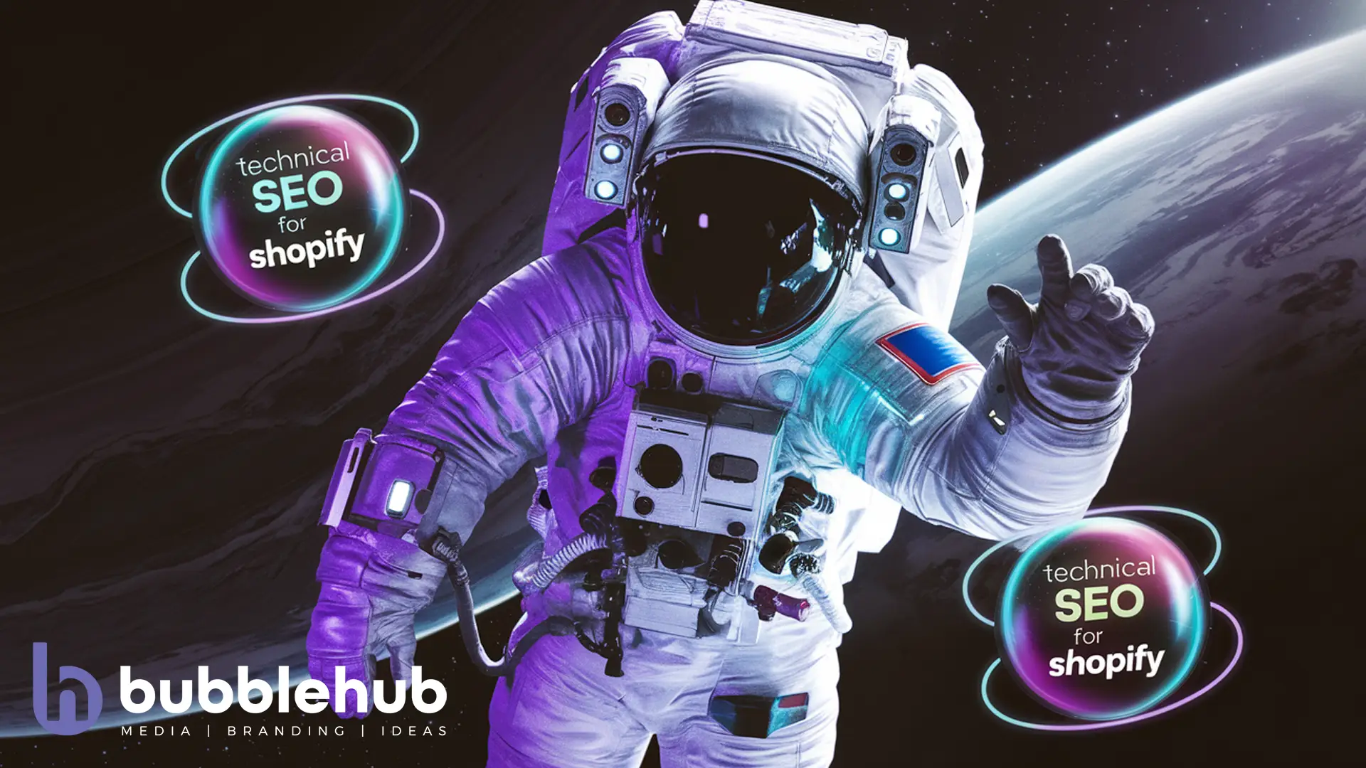 An astronaut with purple and cyan hues showing Technical SEO for Shopify Stores An astronaut with purple and cyan hues showing Technical SEO for Shopify Stores