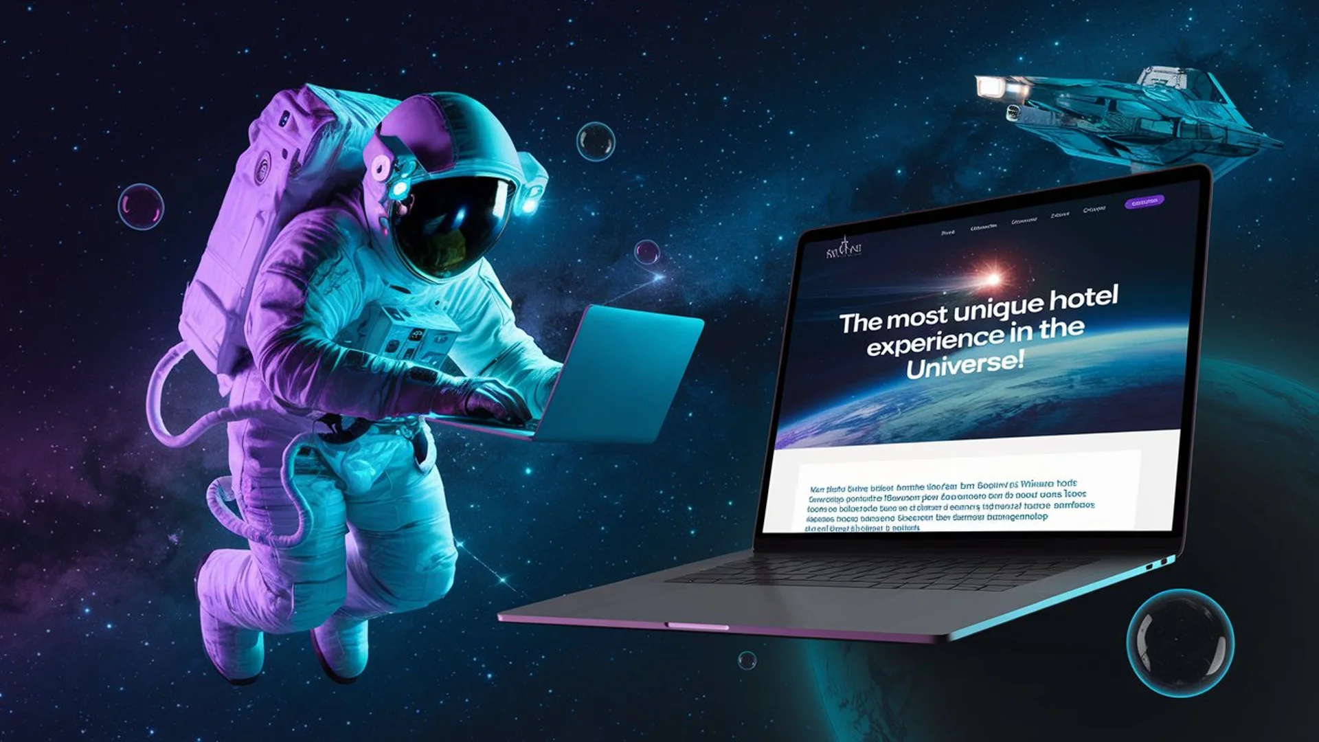 an image of an astronaut using a laptop writing a blog post for a hotel website an image of an astronaut using a laptop writing a blog post for a hotel website