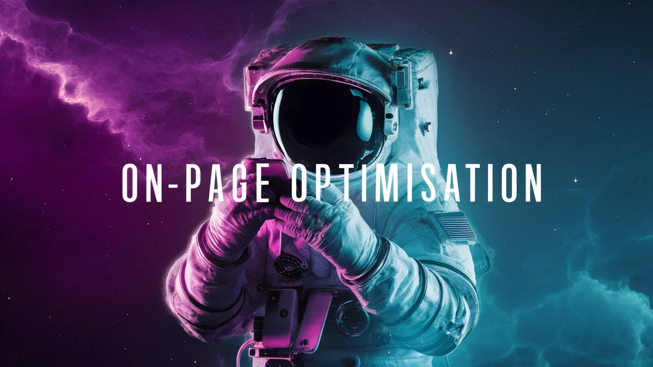 an image of an astronaut using a phone, with the words "On-Page Optimisation" purple and an image of an astronaut using a phone, with the words "On-Page Optimisation" purple and cyan nebula