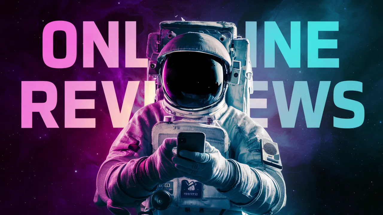 an image of an astronaut using a phone, with the words "Online Reviews" an image of an astronaut using a phone, with the words "Online Reviews"